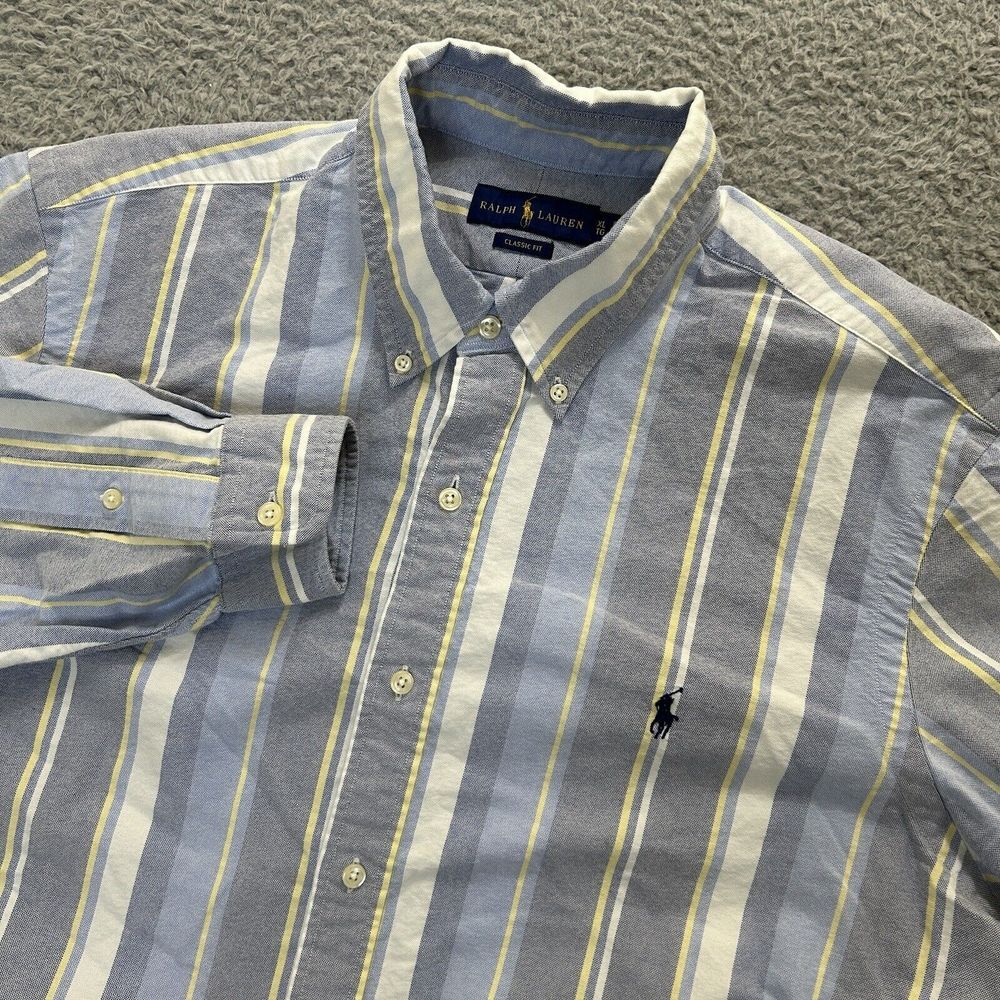 Polo Ralph Lauren Shirt Mens Extra Large Blue Yellow Striped Classic Fit Preppy